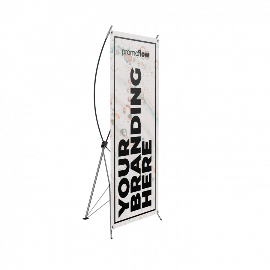 Portable X-Frame banner with custom printed PVC graphics for brand promotion